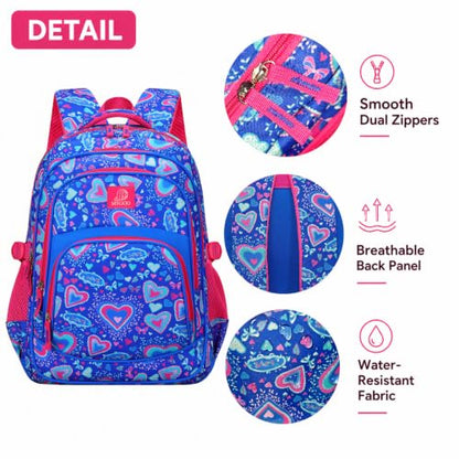 MYGOO Girls School Backpack Grove Heart Blue Bookbag for Elementary Middle School Ages 5-12, 17 inch Large Capacity 24L Kids Student Travel Bags - color: Grove Heart Blue