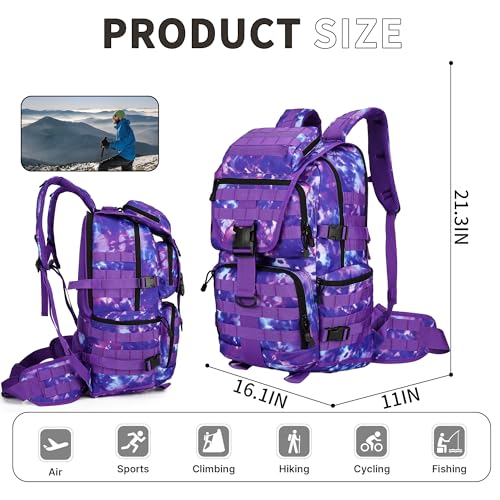 50L Military Tactical Backpack Hiking Waterproof Backpack Large Military Pack 3 Day Assault Pack Molle Bag Rucksack - color: Purplecamo