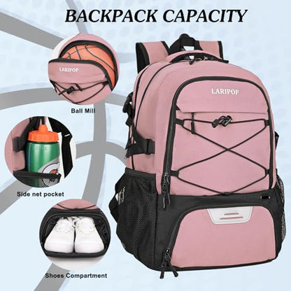 LARIPOP Basketball Backpack Large Basketball Bag with Ball Holder & Shoe Compartment for Adults Men Women - color: Flesh Pink