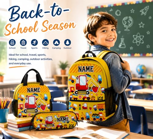 3PCS Personalized School Backpack for Boys Kids Toddlers Excavator Lovers; 17 Inch Kindergarten Construction School Bag with Lunch Box for Primary Students - color: Yellow