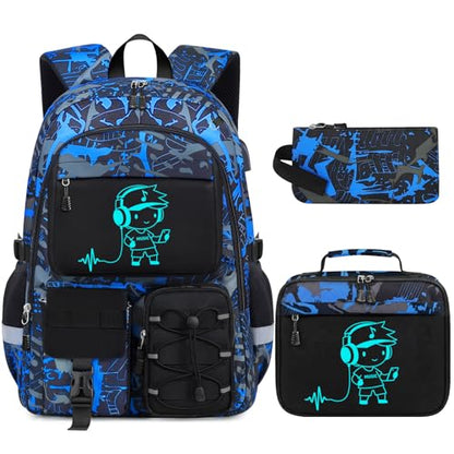 School Backpack for Boys - 3pcs Gamer Boys Backpack with Lunch Box Set for Kids Teens Elementary Middle High School,18″ Large Capacity Students Bookbag with Usb Charging Port - color: People-set