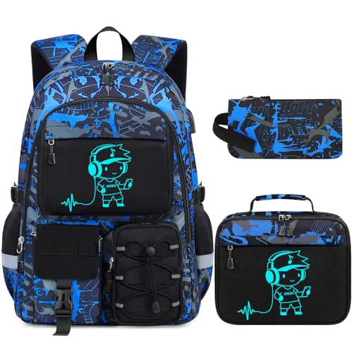 School Backpack for Boys - 3pcs Gamer Boys Backpack with Lunch Box Set for Kids Teens Elementary Middle High School,18″ Large Capacity Students Bookbag with Usb Charging Port - color: People-set