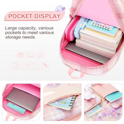 FIXITOK Girls Backpack Set, 3PCS Kids Backpack for Girls, Kawaii Bunny School Backpacks for Girl Kindergarten Elementary Preschool Middle School Bags with Lunch Box Pencil Case Pink-Plaid - color: Pink-plaid
