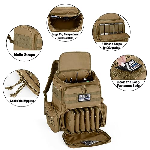 DSLEAF Tactical Range Pistol Backpack with 6 Pistol Cases, Gun Backpack with 9X Magazine Slots for Shooting and Hunting - color: Khaki