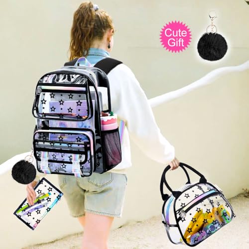 KLFVB 3PCS Clear School Backpack Heavy Duty, Girls See Through Bookbag Set, Cute Transparent Bag for Women - Star Black - color: Star Black Clear Backpack