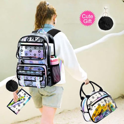 KLFVB 3PCS Clear School Backpack Heavy Duty, Girls See Through Bookbag Set, Cute Transparent Bag for Women - Star Black - color: Star Black Clear Backpack