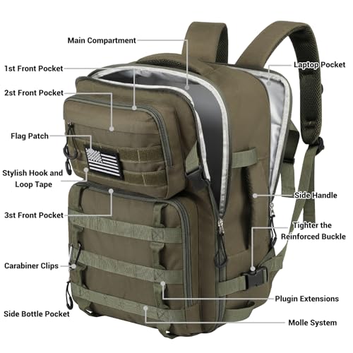 Legestori 25L Tactical Bag Backpack for Men, Heavy Duty Military Backpack Molle Army Large Rucasack, Laptop Backpack Travel (Green) - color: Green
