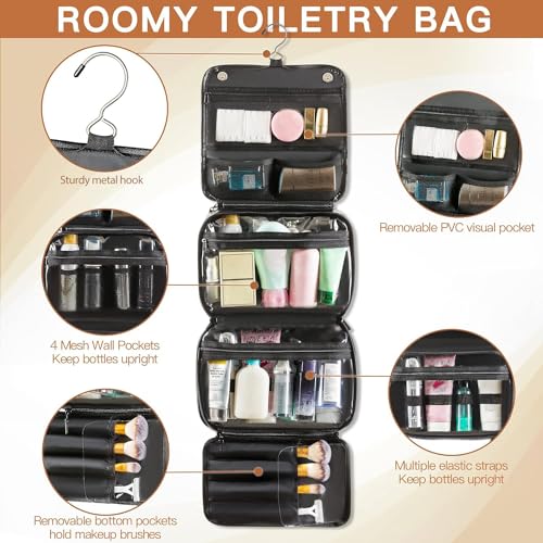 Elviros Hanging Toiletry Bag Removable Travel Bag PU leather Makeup Cosmetic Organizer Kit, Black - color: Black