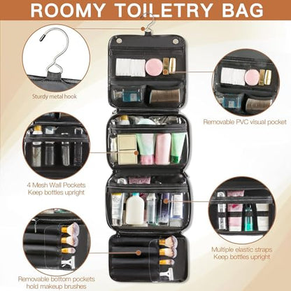 Elviros Hanging Toiletry Bag Removable Travel Bag PU leather Makeup Cosmetic Organizer Kit, Black - color: Black