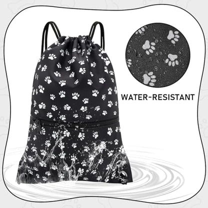 HOLYLUCK Drawstring Backpack Bag Sport Gym Sackpack - color: Black Background White Dog Paw Prin
