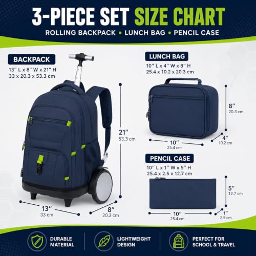 CCJPX 3Pcs Men & Boys Rolling Backpack with Bigger Wheels, Extra-Large Wheeled Bookbag with Lunch Box, Water Resistant Roller Luggage for Travel, Work, College (Blue) - color: Blue(upgrade Large Wheel)