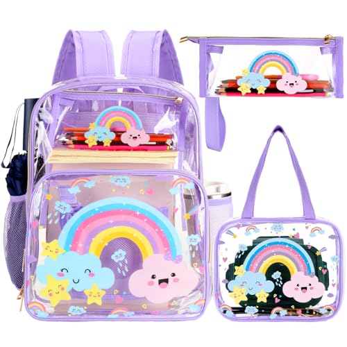 Paterr 3 Pcs Clear Backpack for Girls Rainbow Cloud Backpack with Lunch Bag Pencil Case for Kids Purple Heavy Duty PVC Transparent Bookbag See Through School Bag - color: Purple, style: Rainbow Cloud