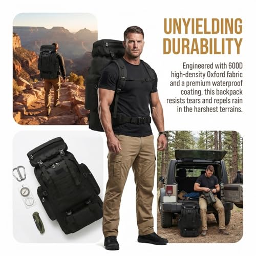 70L Hiking Backpack for Men, Waterproof Lightweight Camping Backpack, Military Rucksack with Molle, 3-Day Assault Pack for Travel, Climbing, Outdoor Sports(Black) - style: Black