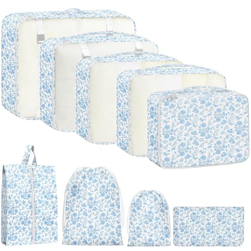 9 Set Packing Cubes for Travel Essentials - Lightweight Carry-On Luggage Organizer Bags with Shoe, Clothes & Laundry Bags for Airplane, Family & Business Travel, Blue flowers - color: Blue flowers