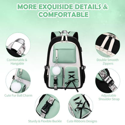 ACESAK Backpacks for Girls, Girls Backpack with Lunch Box and Pencil Case for Teen Kids Elementary Middle High School College Student, Children Backpack Bookbag with USB Charging Port (Peas Green) - color: Black With Pea Green Accent