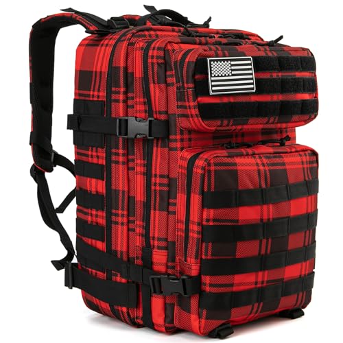 QT&QY 45L Military Tactical Backpacks Molle Army Assault Pack 3 Day Bug Out Bag Hiking Treeking Rucksack… - color: 2.7 Red Plaid