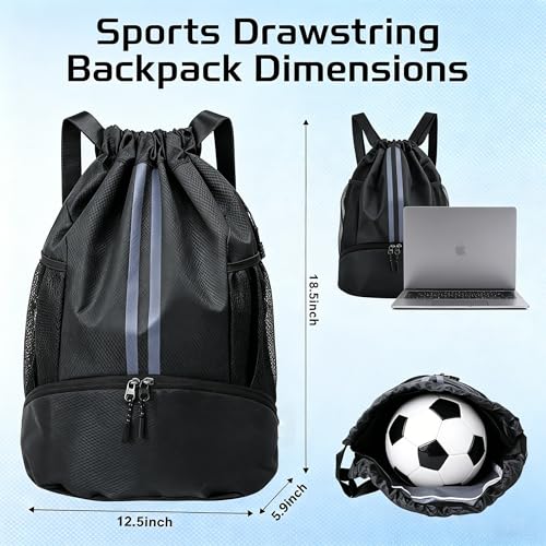 2-Pack Drawstring Backpack Bags with Shoe Compartment, Large Capacity Basketball Bag, Water-Resistant, Lightweight, for Soccer, Basketball, Sports, Swimming, Beach, Soccer Bag for Men