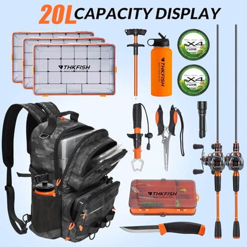 THKFISH Fishing Backpack Tackle Sling Bag, 20L Tackle Backpack with Rod Holder Store Fishing Gear, Gifts for fishermen - color: Black Camo