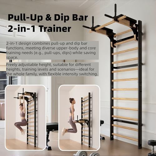 Swedish Ladder Pro, Wood Stall Bar with Push-Through Bar, Adjustable Pull-Up Dip Bar for Adults and Kids, Accessories Bundle, Spring, for Home, School, Physical Therapy and Gymnastics - size: 40"x90“x3"