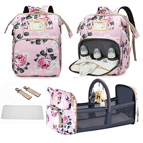 GurZinn Diaper Bag Backpack with Changing Station, Foldable for Bady Toddler, 3 in 1 Large Capacity Newborn Essentials Organizer with Stroller Hook for Girls and Boys（Pink） - color: Pink-f