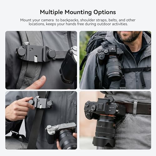 Camera Backpack Clip, Dual-Lock Arca Quick Release for Hands-Free Hiking, Metal Holster for DSLR & Mirrorless with Action Cam & Pocket 3 Mounts, 66lb Load, Fits 75mm Straps - color: Black