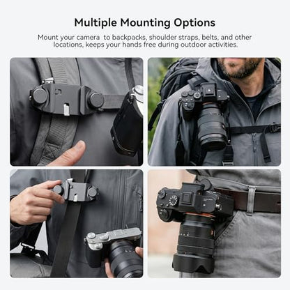 Camera Backpack Clip, Dual-Lock Arca Quick Release for Hands-Free Hiking, Metal Holster for DSLR & Mirrorless with Action Cam & Pocket 3 Mounts, 66lb Load, Fits 75mm Straps - color: Black