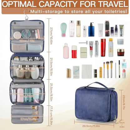 Elviros Hanging Toiletry Bag for Men Travel Essentials 3-in-1 Large Waterproof Dopp Kit PU Leather Shaving Bag with Separate Compartments for Grooming and Toiletries - color: Blue