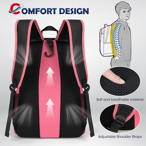 RAINSMORE Baseball Bag for Youth & Adult Lightweight Softball Bat Bag with Shoe Compartment, External Helmet Holder and Fence Hook Waterproof Baseball Backpack Hold T-Ball, Bat and Softball Equipment - color: Pink