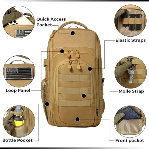DBTAC Tactical Personal Defense EDC Bags & Packs | 10L Military Shoulder Backpack with Sling for Concealed Carry, Range, Travel, Hiking, Outdoor Sports (Brown) - color: Brown