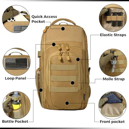 DBTAC Tactical Personal Defense EDC Bags & Packs | 10L Military Shoulder Backpack with Sling for Concealed Carry, Range, Travel, Hiking, Outdoor Sports (Brown) - color: Brown