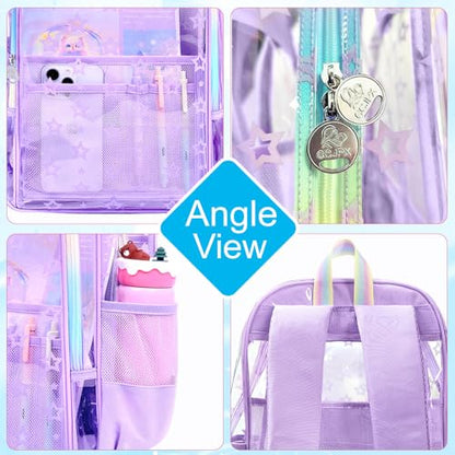 gxtvo 3PCS Clear School Backpack Heavy-Duty Set for Women & Teen Girls, 17" Purple See Through Bookbag with Rainbow Strap, Cute Star Transparent Bag - color: Purple Star Rainbow Clear Backpack Set
