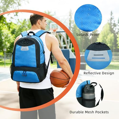 Basketball Bag Backpack with Ball & Shoes Compartment,Basketball Equipment Bags for Basketball, Soccer, Volleyball, Travel - color: Blue