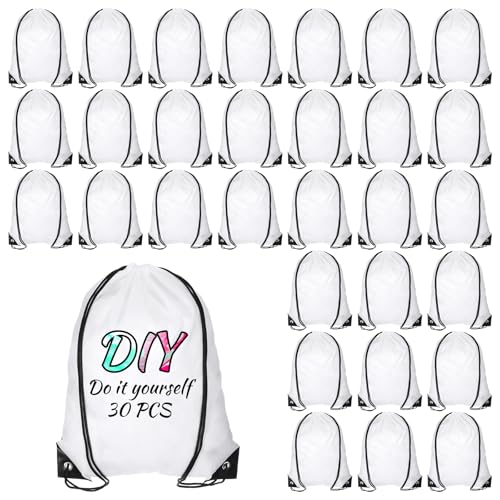 30 Pcs Sublimation Drawstring Bags Blanks White Cinch Sack Draw String Backpack Bulk Polyester Blank Bags for Heat Transfer Vinyl Gym Sport DIY Craft