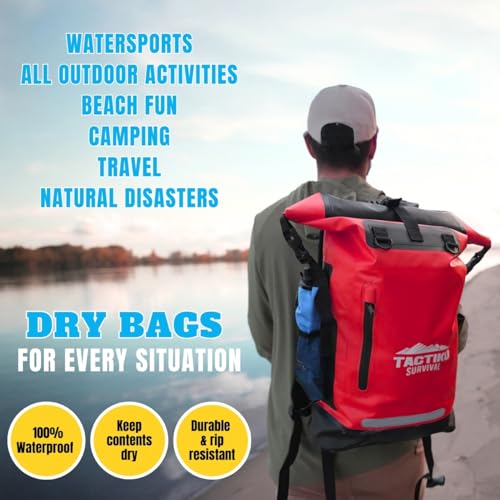 TACTIKO 35L Heavy-Duty 100% Waterproof Backpack, Roll Top Dry Bags for Kayaking, Hiking, Camping, Survival - color: Red