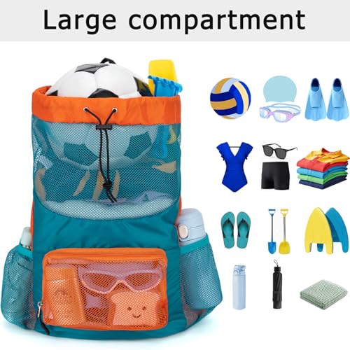 Swim Bag for Kids Mesh Beach Backpack for Boys Lightweight Drawstring Beach Bag Swimming Pool Sports Gym String Bag (Green) - color: Green