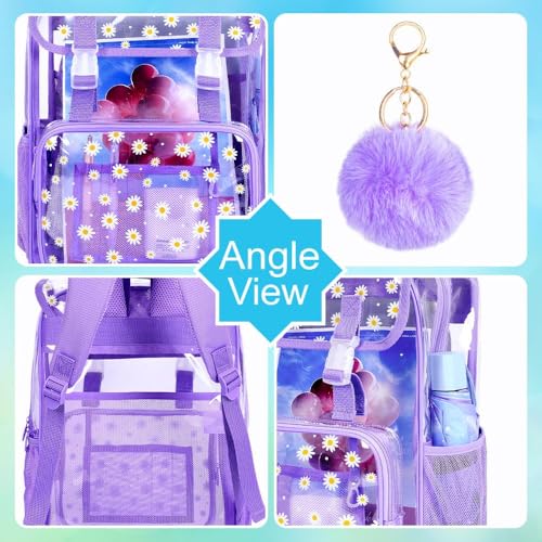 3PCS Clear Backpack, Heavy Duty Transparent Bookbag for Girls Women, Stadium Approved See Through Backpack with Lunch Box (Purple Daisy) - color: Purple Daisy