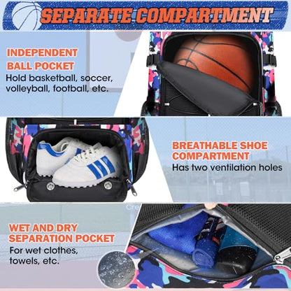 RAINSMORE Basketball Backpack 45L Basketball Bag with Separate Ball Holder & Shoes Compartment Water Resistant Sports Bag Basketball Equipment Bags Fit Volleyball, Soccer, Swim, Gym, Travel - color: Camouflage Pink