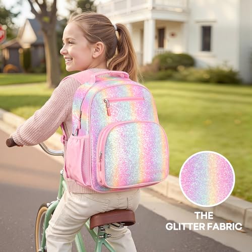 mibasies Girls Backpack with Lunch Box: 3PCS Kids Backpack Set for Kindergarten Elementary - 15 IN Cute Bookbag - Glitter Rainbow - color: Glitter Rainbow
