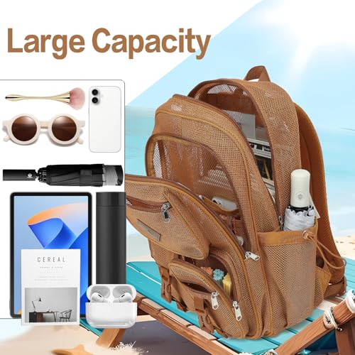 Khaki Mesh Backpack for Girls Boys, Mesh Bookbags Heavy Duty Semi-Transparent School Bag for College, Travel, Beach, Swimming, Sports - color: Khaki
