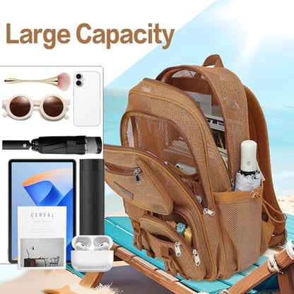 Khaki Mesh Backpack for Girls Boys, Mesh Bookbags Heavy Duty Semi-Transparent School Bag for College, Travel, Beach, Swimming, Sports - color: Khaki