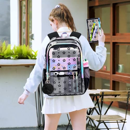 gxtvo 3PCS Girls See Through Bookbag Heavy-Duty Set for Women & Teen, 17" Black Clear School Backpack with Rainbow Strap, Cute Star Transparent Bag - color: Black Star Rainbow Clear Backpack Set