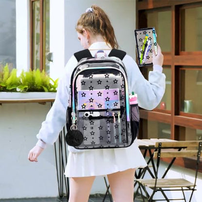 gxtvo 3PCS Girls See Through Bookbag Heavy-Duty Set for Women & Teen, 17" Black Clear School Backpack with Rainbow Strap, Cute Star Transparent Bag - color: Black Star Rainbow Clear Backpack Set