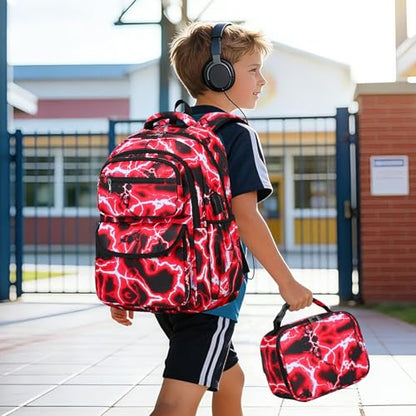 Bevalsa Backpack for Boys, Lightning School Bags with Lunch Bag & Pen Case for Kids, Bookbag for Boys Teens Elementary Middle High School - color: Red