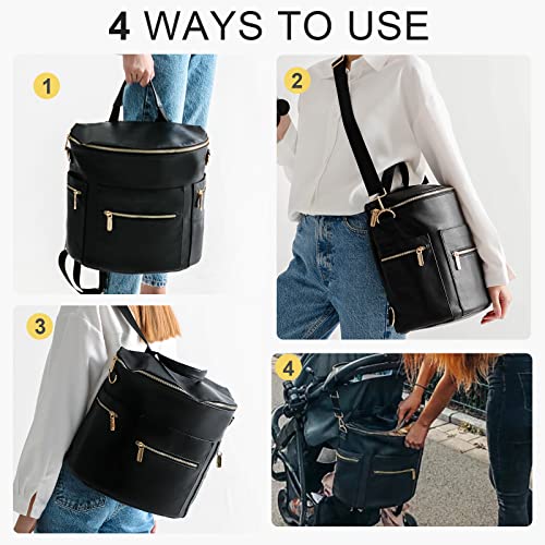 miss fong Diaper Bag Backpack Baby Diaper Bag, Large Leather Diaper Backpack with 16 Pockets Travel Diaper Bag with Diaper Changing Pad, Stroller Straps & 2 Insulated Pockets(Convertible, Black) - color: Black