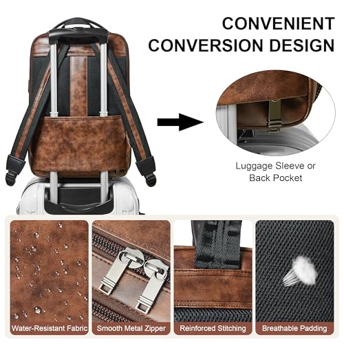 Shrrie Vegan Leather Laptop Backpack for Women&Men,16 Inch Expandable Backpack with USB Charging Port,Two-toned Brown - color: Two-toned Brown