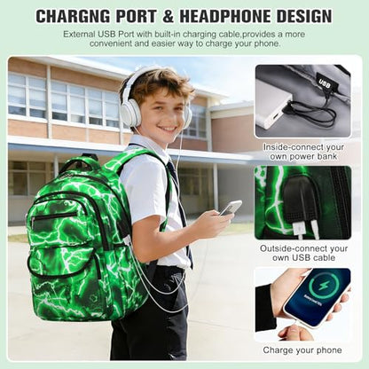 Bevalsa Backpack for Boys, Lightning School Bags with Lunch Bag & Pen Case for Kids, Bookbag for Boys Teens Elementary Middle High School - color: Neon Green