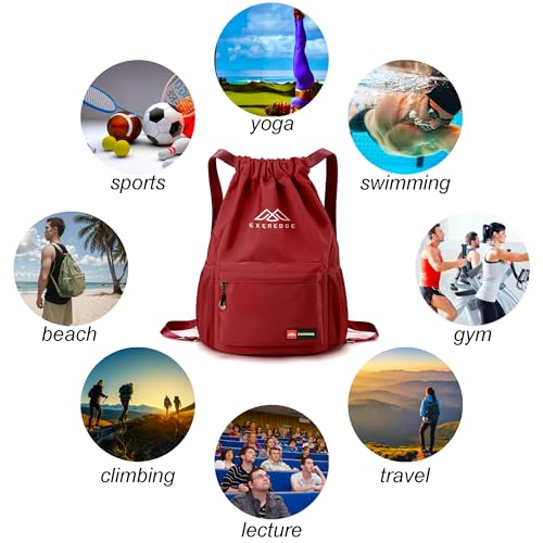 Drawstring Backpack for Women Men Sport Gym Bag Water Resistant Backpack Sandproof Beach Bag With Mesh Pockets (Red) - color: Red