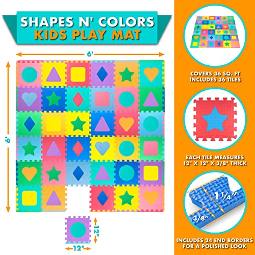 ProSource Kids Foam Puzzle Floor Play Mat with Shapes & Colors 36 Tiles, 12"x12" and 24 Borders - style: Shapes & Colors