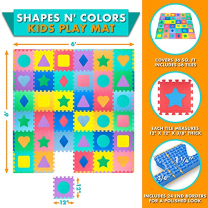 ProSource Kids Foam Puzzle Floor Play Mat with Shapes & Colors 36 Tiles, 12"x12" and 24 Borders - style: Shapes & Colors