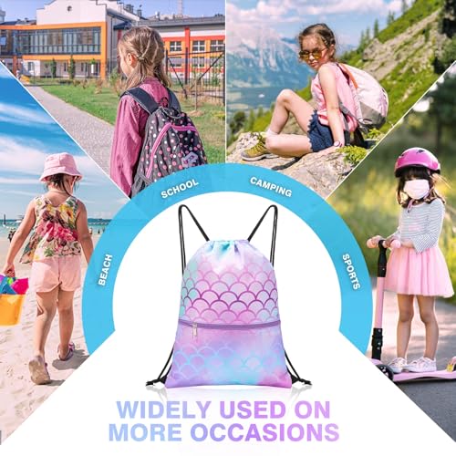 WAWASAM Kids Drawstring Backpack, Gym Swim Bag Cinch Bag for Girls Boys with Zipper Pocket - color: Mermaid B
